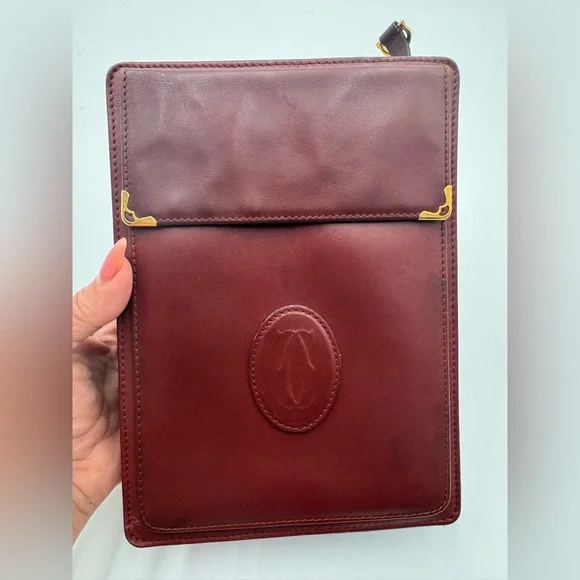 CARTIER Must Line Clutch Bag Leather Bordeaux Dark Red With Wristlet Attachment